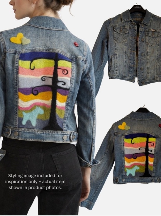 Hydraulic Jackets & Blazers - Upcycled Denim Jacket Hand Felted One Of A Kind Boho Hippie Art Whimsical Lg VTG